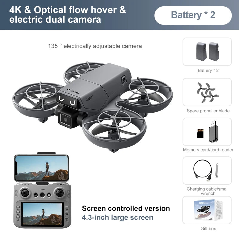 D36 Drone 4K HD Aerial Photography Dual Cameras Screen RC Quadcopter with Dynamic Lighting Optical Flow UAV Toys Gifts