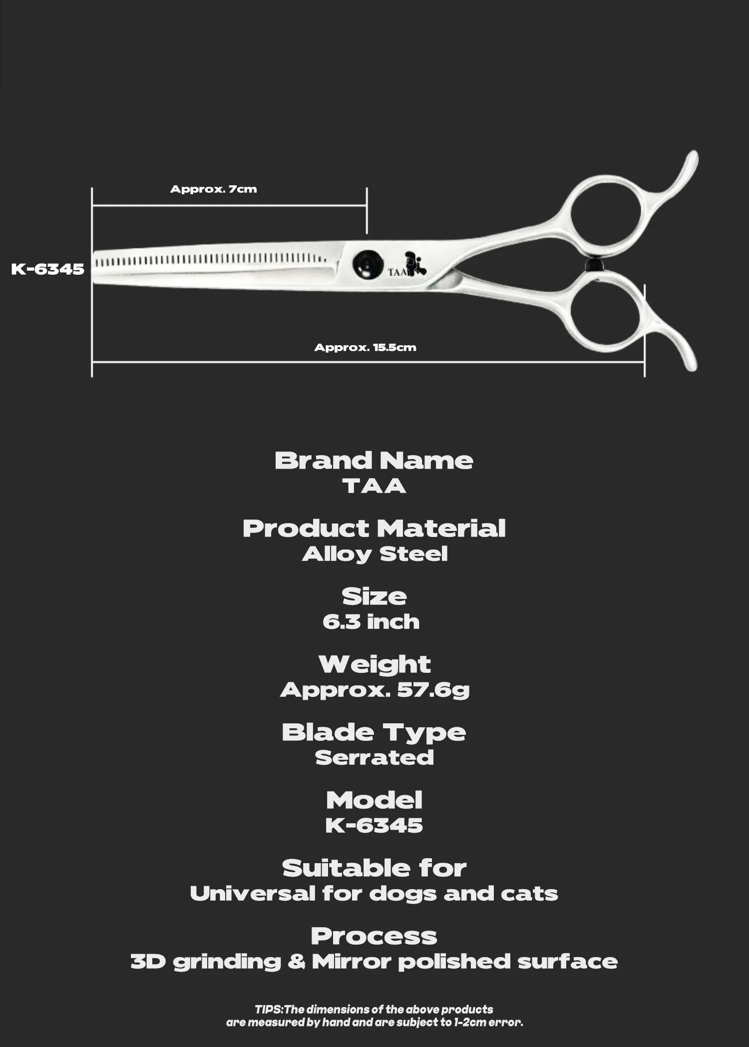 TAA Professional Grooming Scissors Pet Serrated Scissors for Dog & Cat Alloy Steel Shears Pets Shears Groomer Tools Hair Clipper