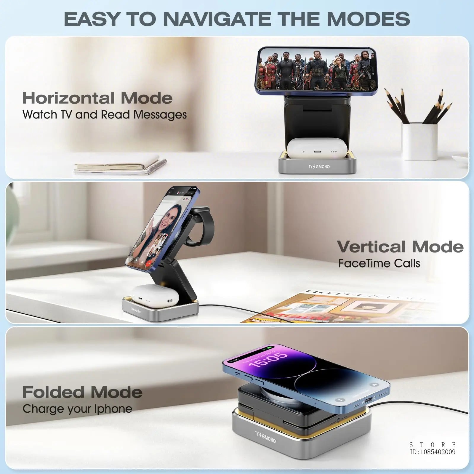 Wireless Charger 3-in-1,Portable Travel Foldable Charger Aluminum Stand for iPhone 15 14 13 12 Pro Max Plus Watch & Airpods