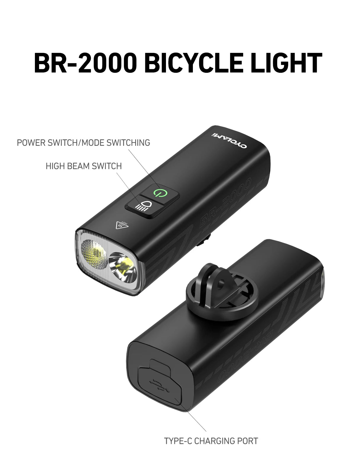 2000 Lumens CYCLAMI Bike Headlight Bicycle Flashlight Handlebar Type-C MTB Road Highlight BR2000 Front Lamp Light Aluminum Alloy
