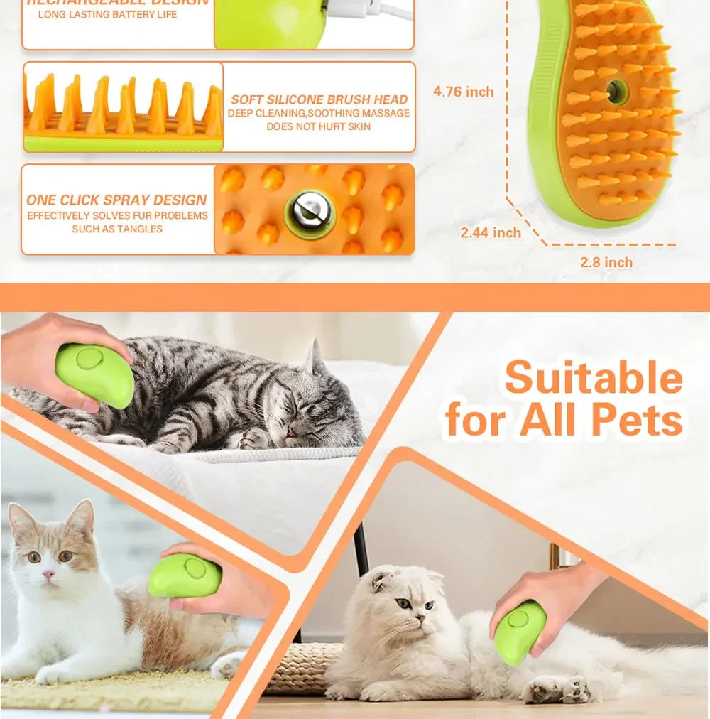 3-in-1 Electric Pet Grooming Steam Brush Sprayer Massage Comb for Cats Dogs Shedding Control Gentle Anti-Static Grooming Tool