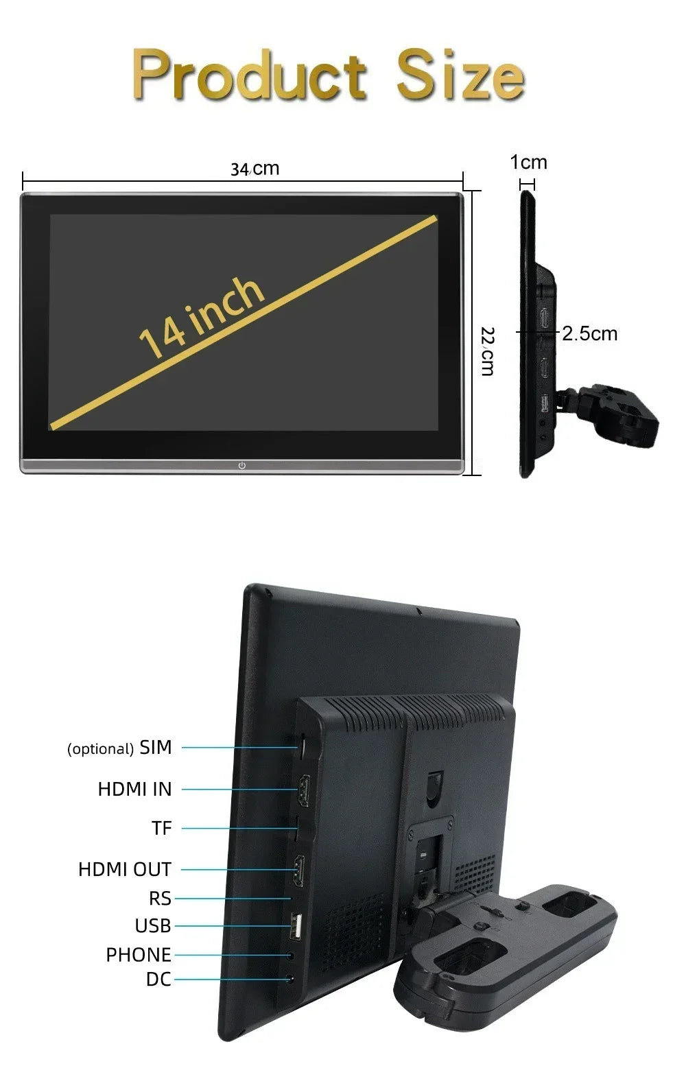 13.3/14" Car Headrest Monitor Display IPS Android 12 2G+32G/4G+64G/8G+128G Touch Screen For Car Rear Seat Player Dual HDMI Music