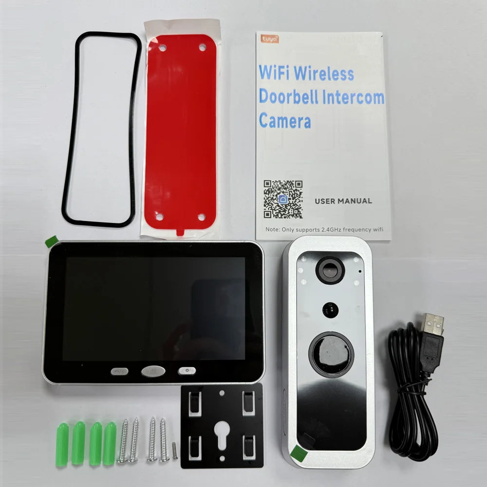 Tuya Smart Wireless Doorbell Camera Outdoor WiFi Audio Video Door Phone Intercom System 1080P 5'' Monitor Screen No Monthly Fees