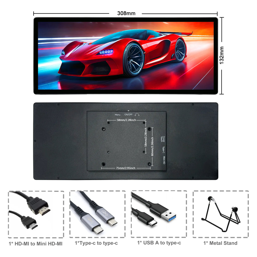 Wisecoco 12.3'' Touch Monitor Display IPS 1920x720 Portable Gaming Monitor for Raspberry Pi 5 4 3 Laptop PC GPU CPU Monitoring
