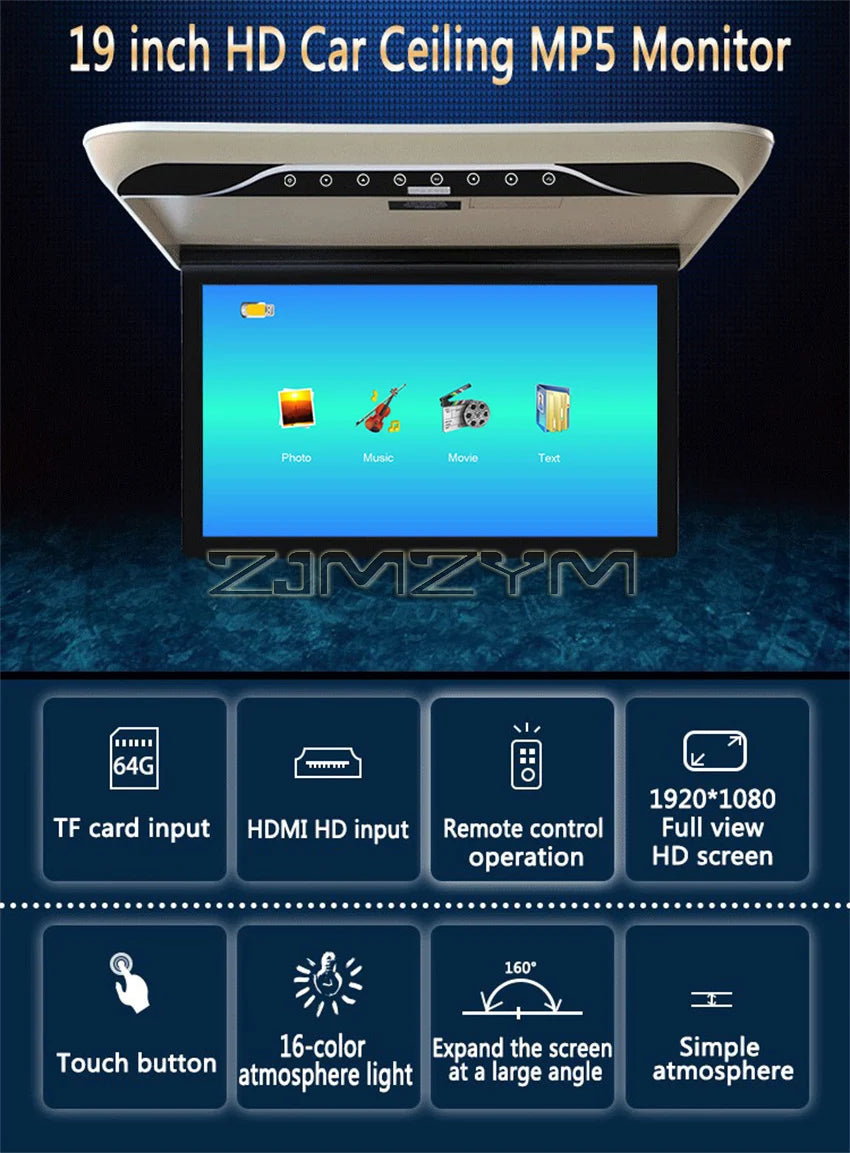 Car Roof 19 inch Monitor 1080P LCD Screen Overhead Multimedia Video Play TV Ceiling Roof MP5 Display Build In IR/FM Transmitter
