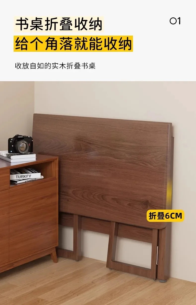 Solid Wood Folding Desk for Home Office – No Assembly Computer Table Study Writing Desk 15mm Thick Desktop Small Workstation