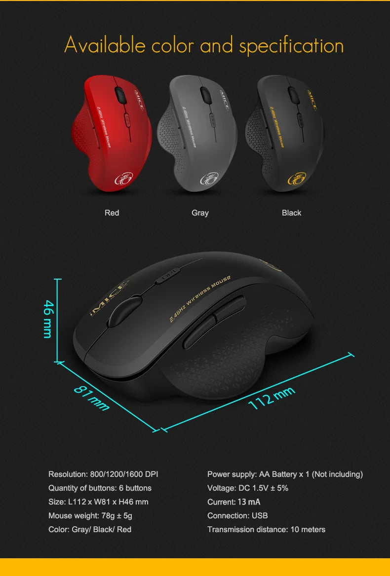 Wireless Mouse 2.4G 1600DPI Portable Gaming and Office Mouse Ergonomic Smart Power Saving for Macbook PC Gamer Laptop Win7/8/10