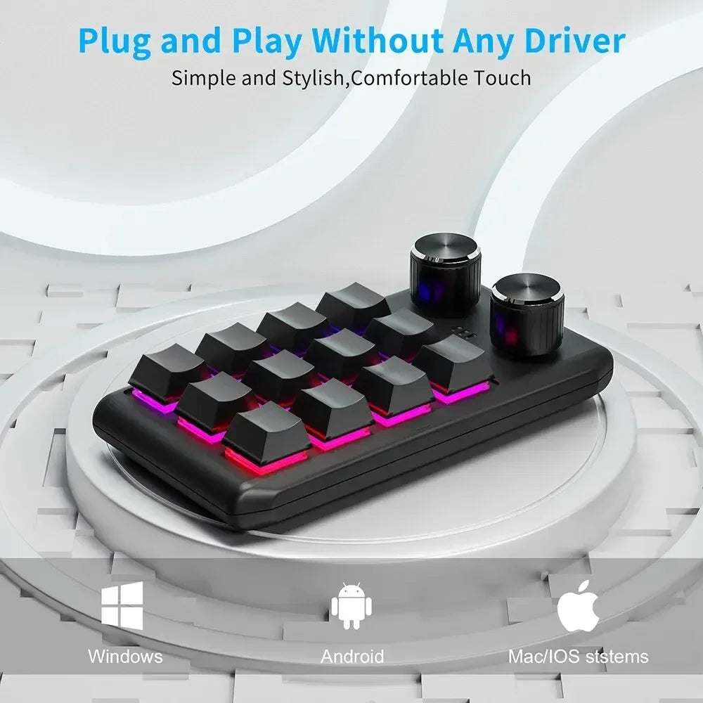 12 Keys 2 Knob Custom Mechanical Keyboard 3 Modes Bluetooth 2.4G Macro Programming Keyboard Hot-swapping Keypad for Gaming PS