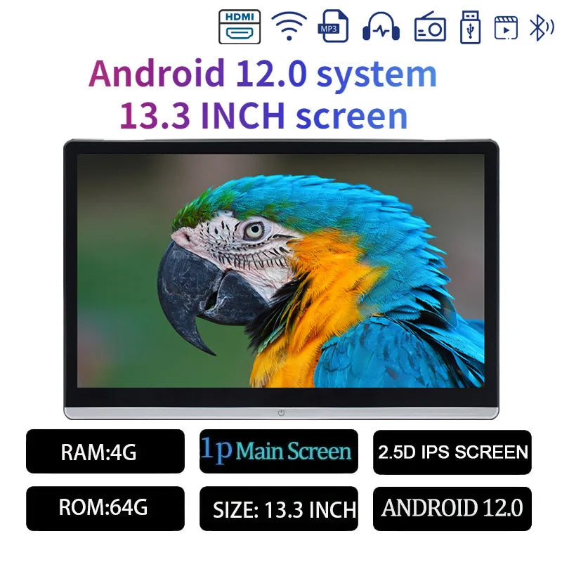 13.3/14" Car Headrest Monitor Display IPS Android 12 2G+32G/4G+64G/8G+128G Touch Screen For Car Rear Seat Player Dual HDMI Music