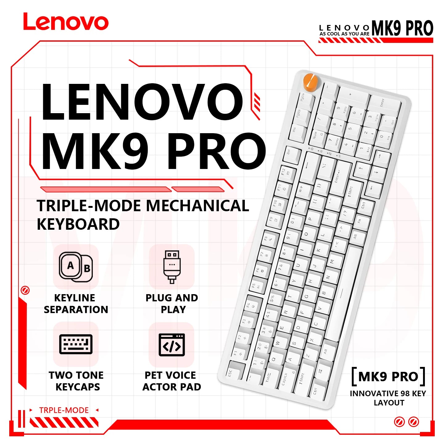 Lenovo MK9 Mechanical Gamer Keyboard RGB Customize Wireless USB/2.4G/Bluetooth 3Mode CNC Esports Gaming Keyboard Office Gifts