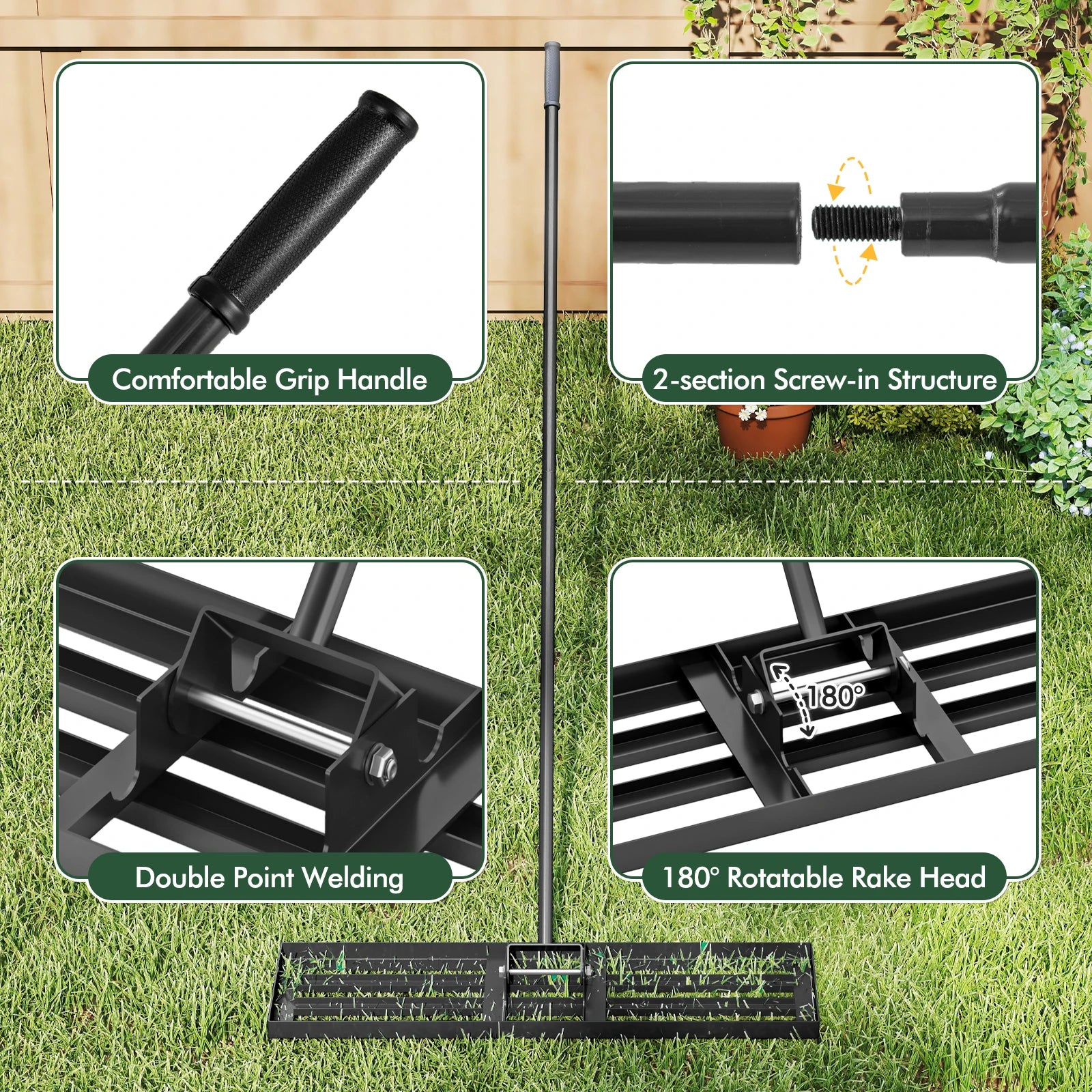 Lawn Leveling Rake Metal, Lawn Rake with Ergonomic Handle, Leveling Sand Soil, Rake Surface Leveler, Lawn Tool