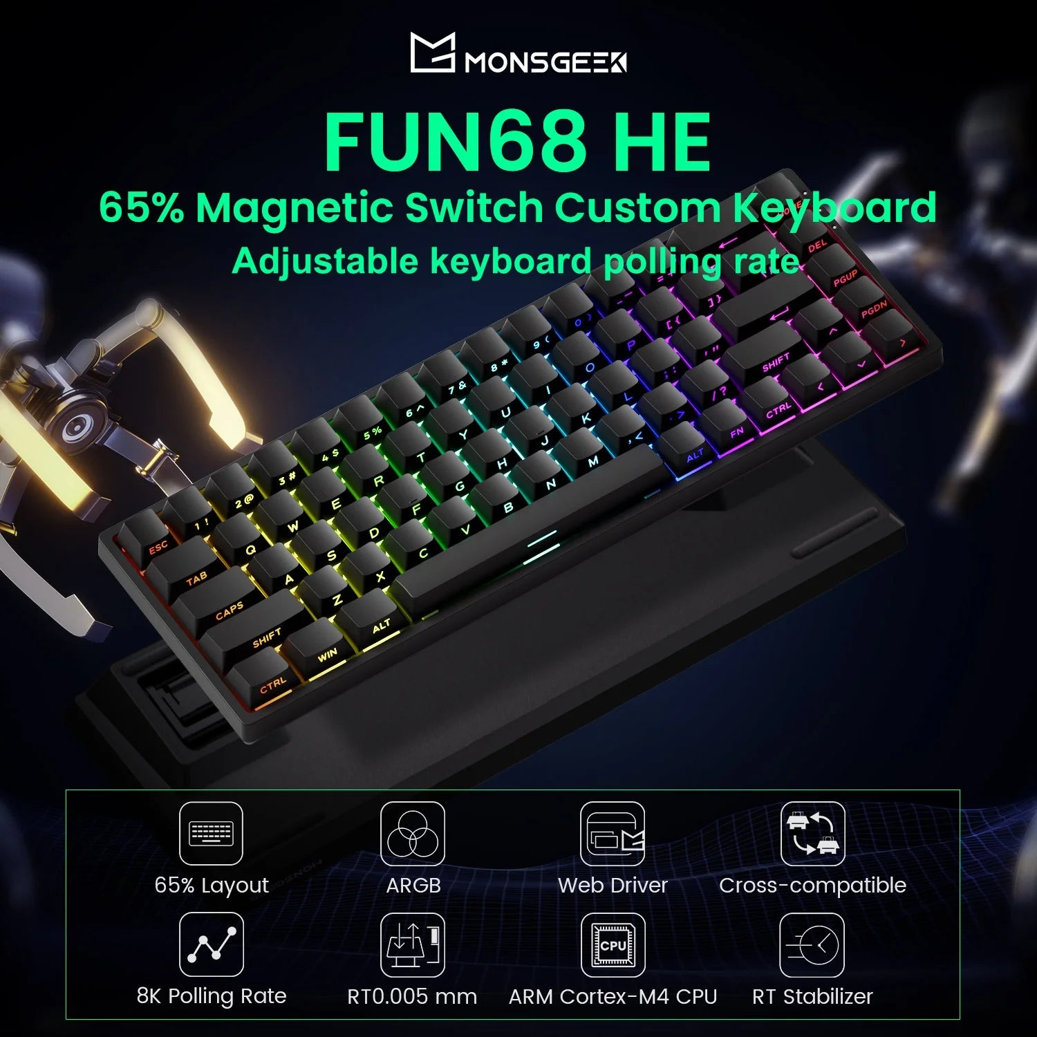Akko MonsGeek FUN68 HE Magnetic Keyboard 65% Rapid Trigger 0.005mm 8K ARGB Mechanical Gaming Custom Keyboard for Pc Gamer Esport