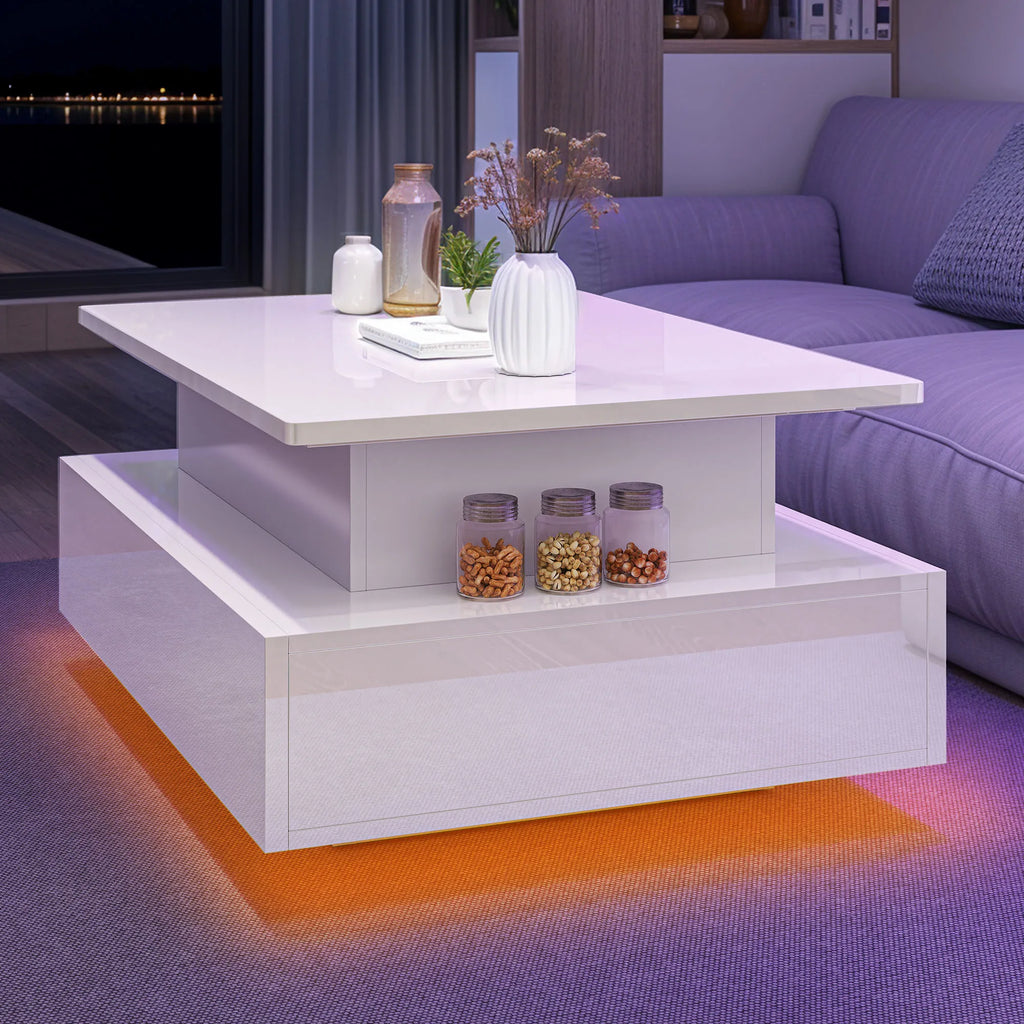 Balconera Lift-Top Coffee Table - Modern Rectangular with 16 Color LEDs & 2 Drawers, Elevated Surface with Lighting