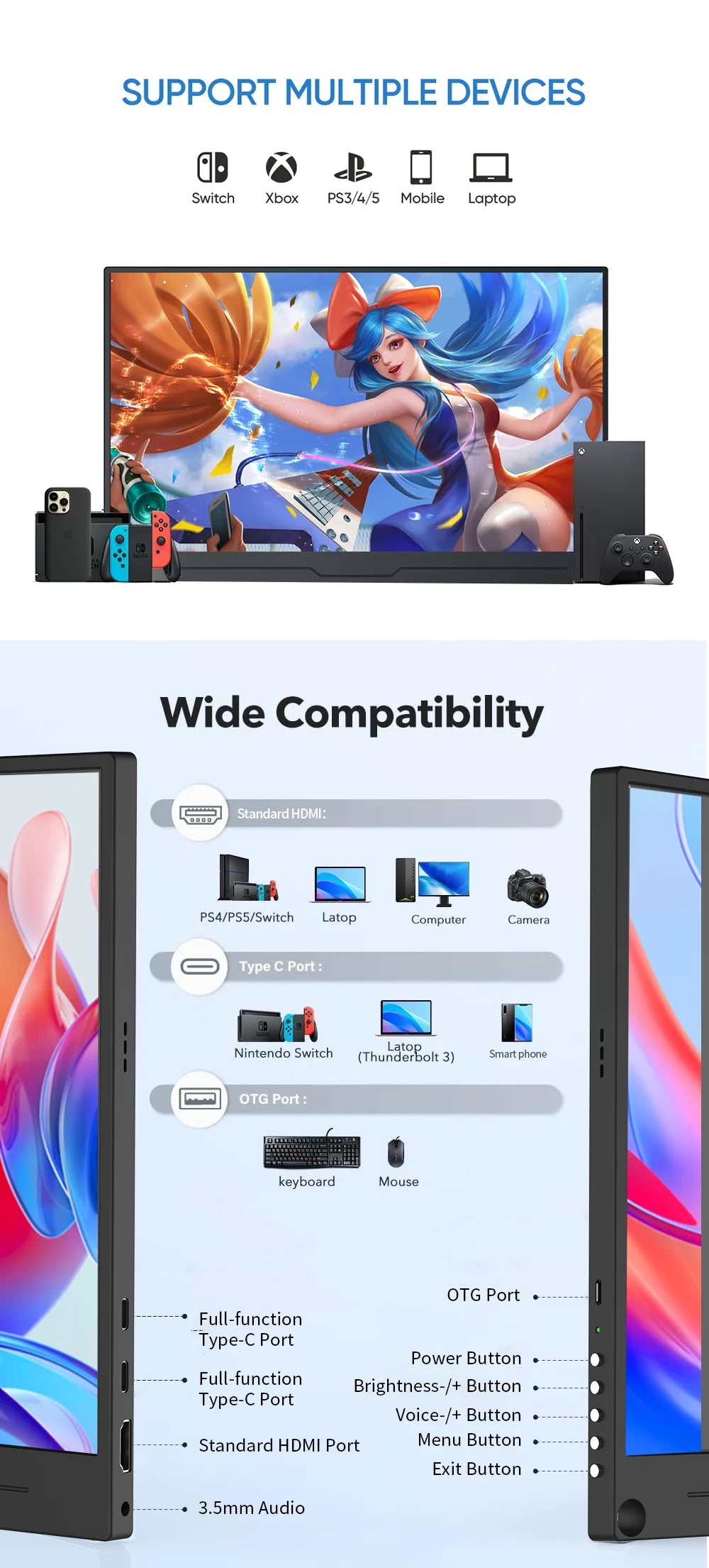 15.6 inch Portable Gaming Monitor 3840X2160 Ultra-Thin 4K IPS Screen for PC Laptop External Display with for Xbox Switch PS 4 5
