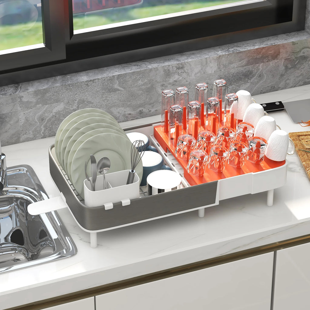 Adjustable Drainer Rack, Expandable Dish Rack with Removable Cutlery Holder & Cup Holder, 360 ° Rotating Outlet