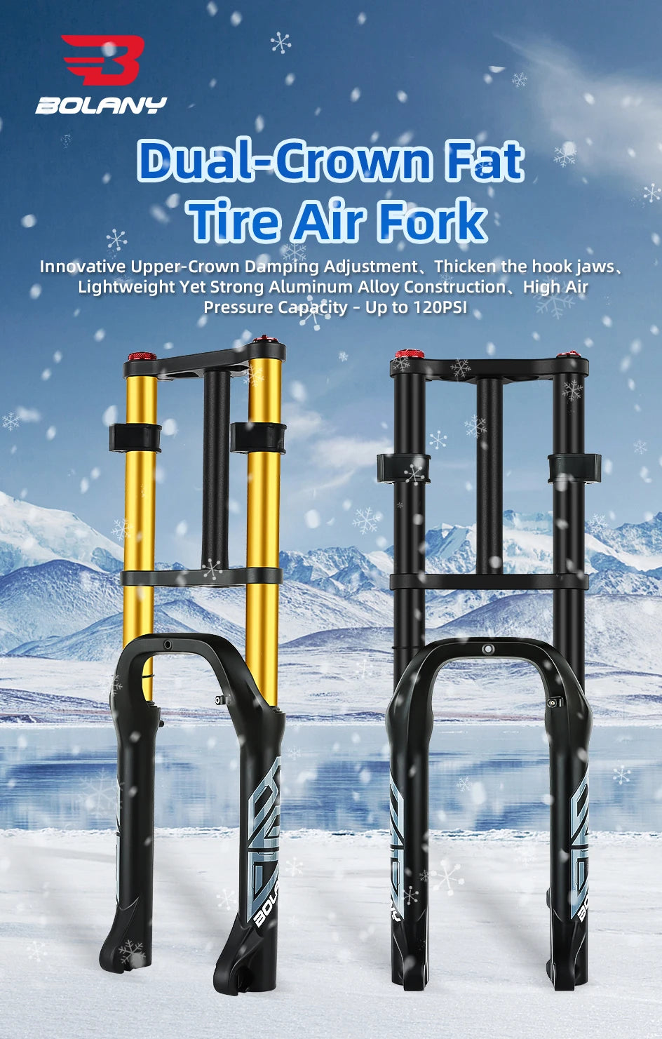 BOLANY Bicycle Snow Front Fork 20 inch 26 inch 4.0 Tire MTB Bike Fork 110mm Travel Double Shoulder Air Supension for E-Bike