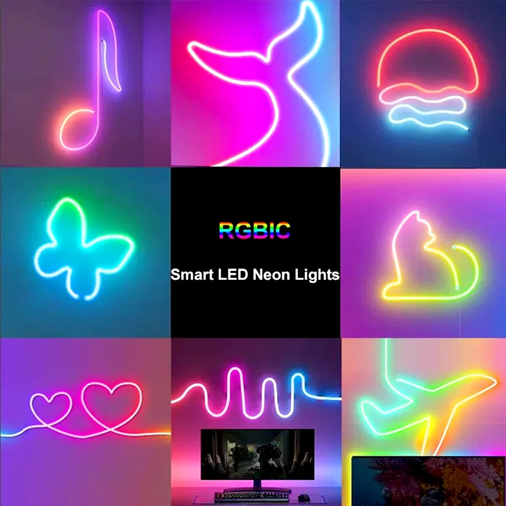 LED Neon Light Strip RGBIC USB with Bluetooth APP Control Music Sync Waterproof Flexible Suitable for Game Room Party Decoration
