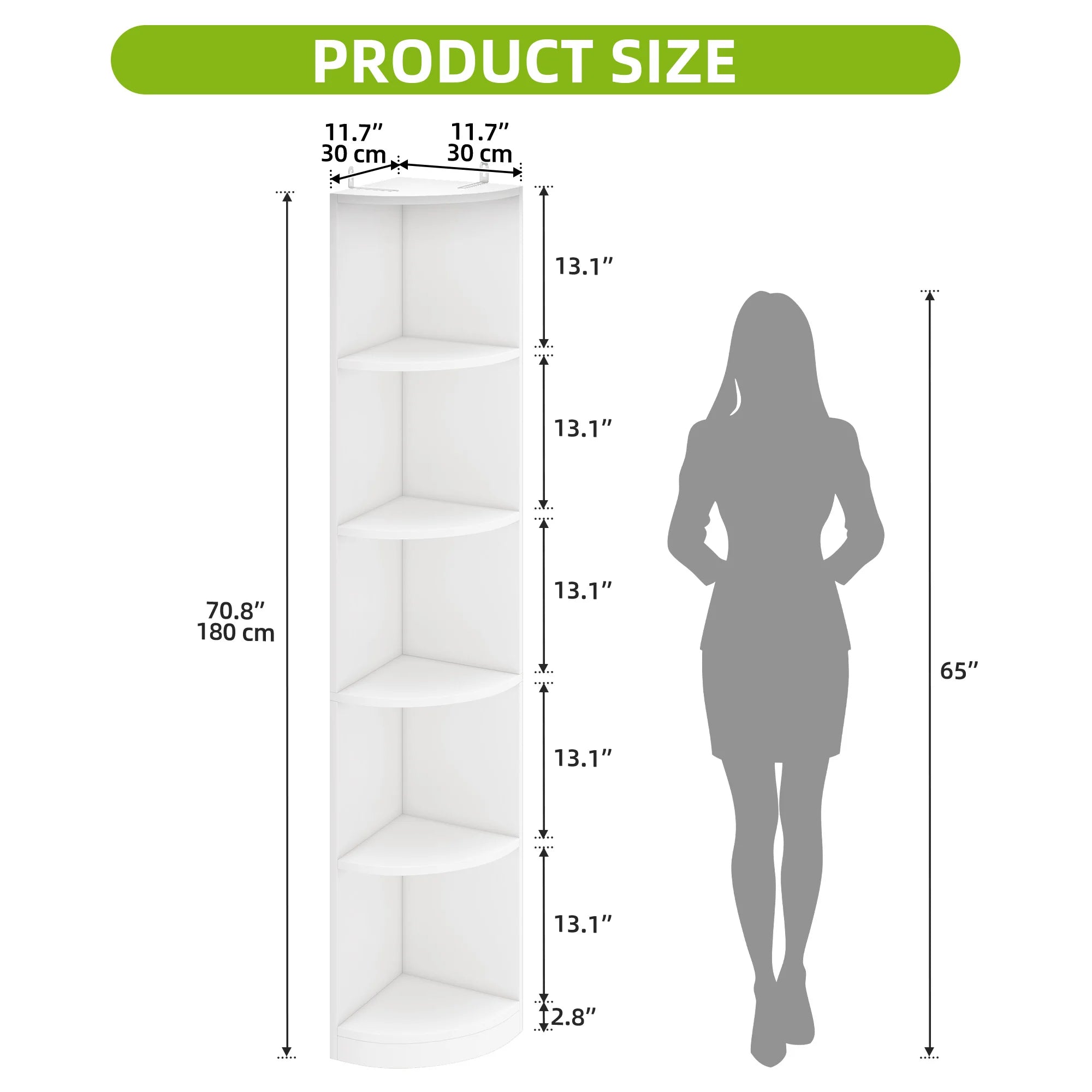 YITAHOME White 5-Tier Corner Bookcase - 30x30x180cm Wooden Shelf, Open Storage for Living Room & Office - Freestanding (White)