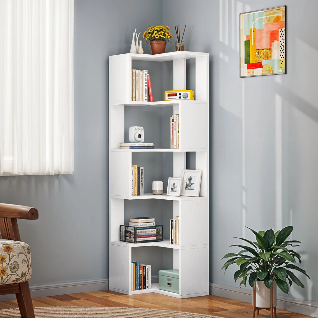 YITAHOME Wooden 5-Tier Corner Bookcase - Floor Standing Display Shelf 54x40x159.5cm for Living Room/Office