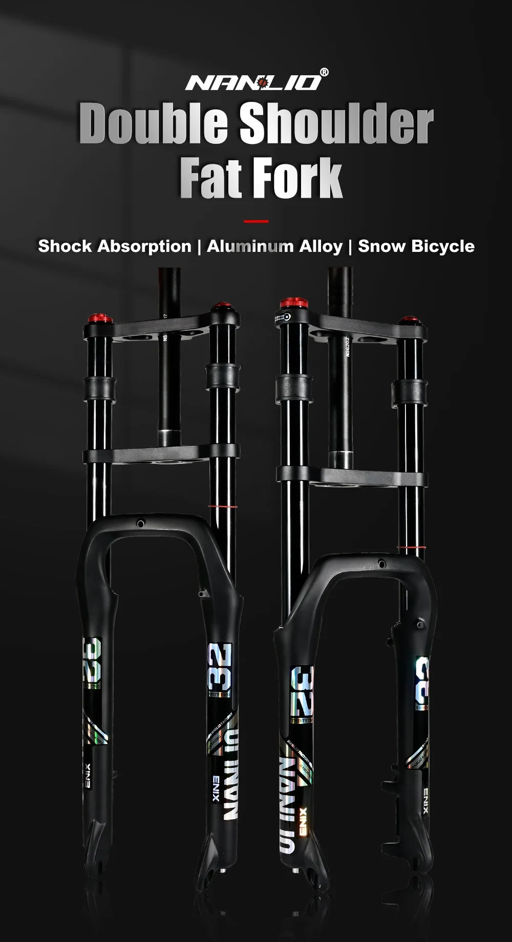 Nanlio Double Shoulder Snow Fork 20/26x4.0 Inch Fat Tire Air Suspension34mm Tube 135mm Hub Width for E-Bike MTB Electric Bicycle