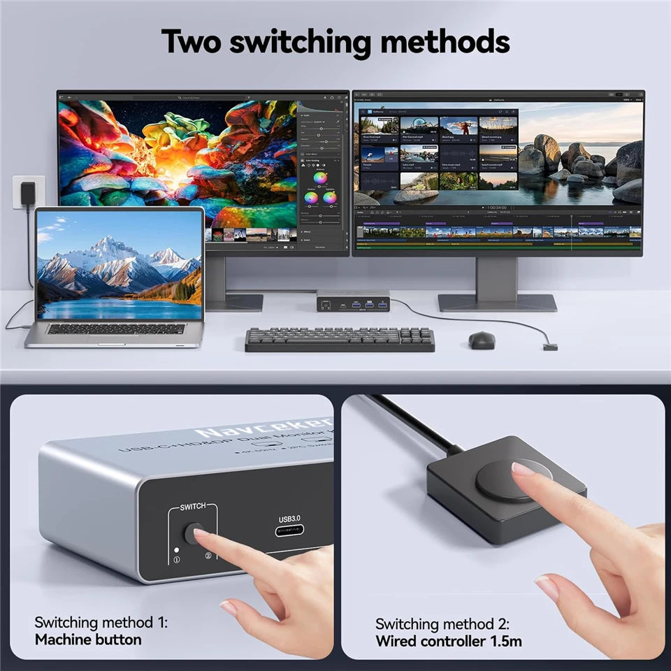 USB C HDMI DP KVM Switch 2 Monitors 4K@60Hz Dual Screens Type C KVM Switches 100W PD for 1 PC 1 Laptop Share Mouse Keyboard