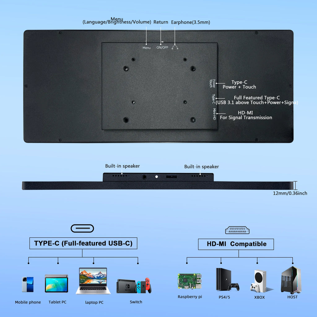 Wisecoco 12.3'' Touch Monitor Display IPS 1920x720 Portable Gaming Monitor for Raspberry Pi 5 4 3 Laptop PC GPU CPU Monitoring