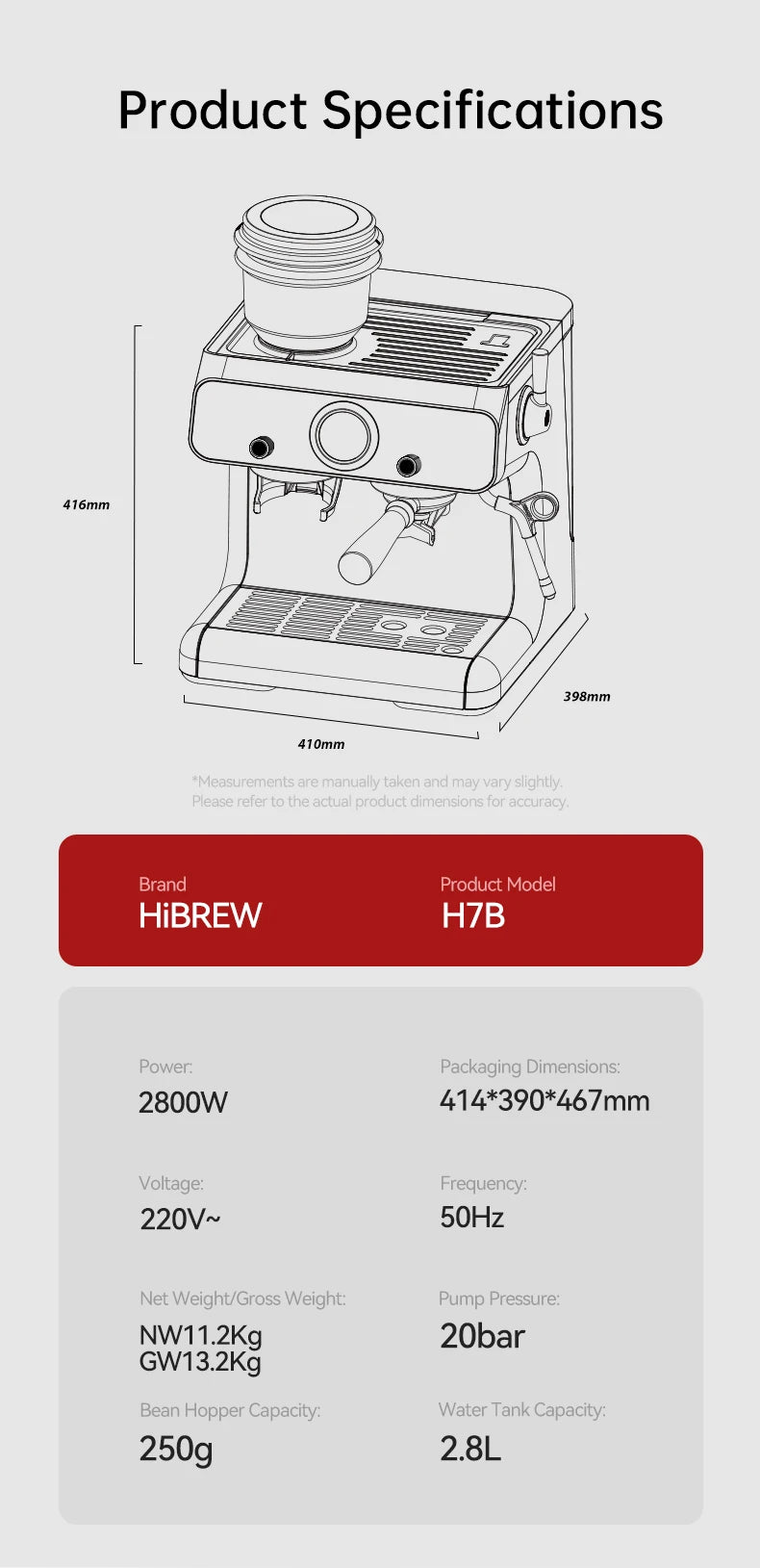 HiBREW Upgraded Dual Boiler Barista Pro Espresso Machine Built-in Grinder With 30 Size Settings for Cafe Hotel Restaurant H7B