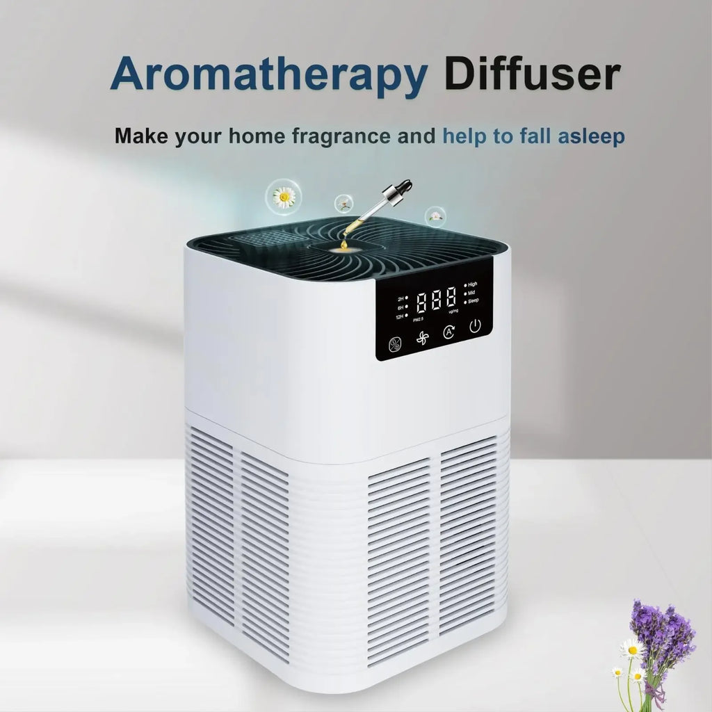 Home Air Purifier for Bedroom, Removes Smoke, Pollen, Dandruff, Hair Odor, with Sleep Mode Speed Control, Can Add Aromatherapy