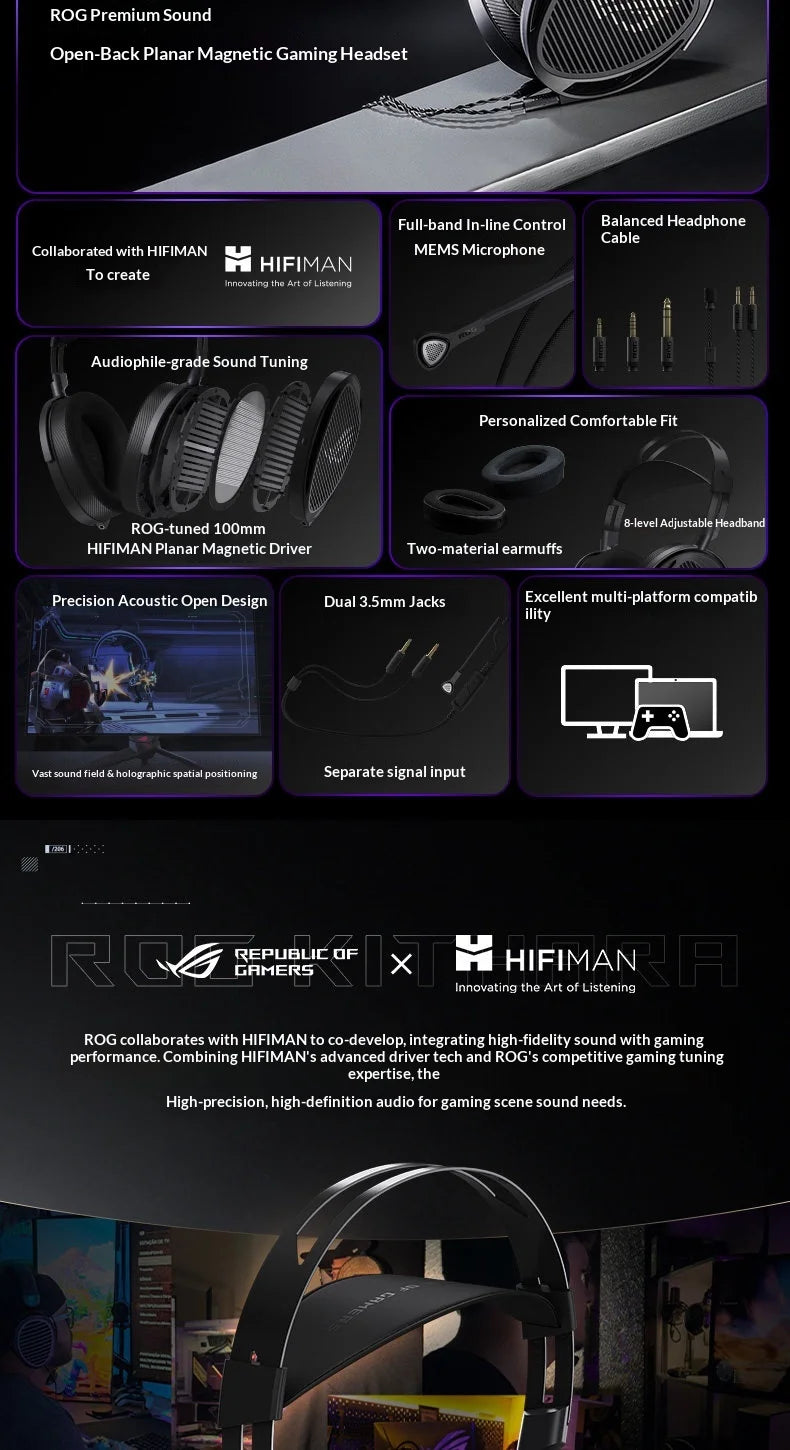 Asus ROG Kithara HIFIMAN Limited Edition Headphones Open Back Over Ear Planar Magnetic Wired Headphones 100mm Diaphragm Unit