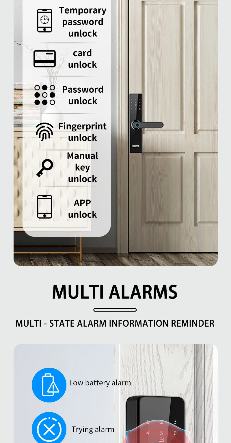 Electronic Smart Door Lock With Biometric Fingerprint Smart Card Password Key Unlock USB Tuya APP Emergency Charge lock For home