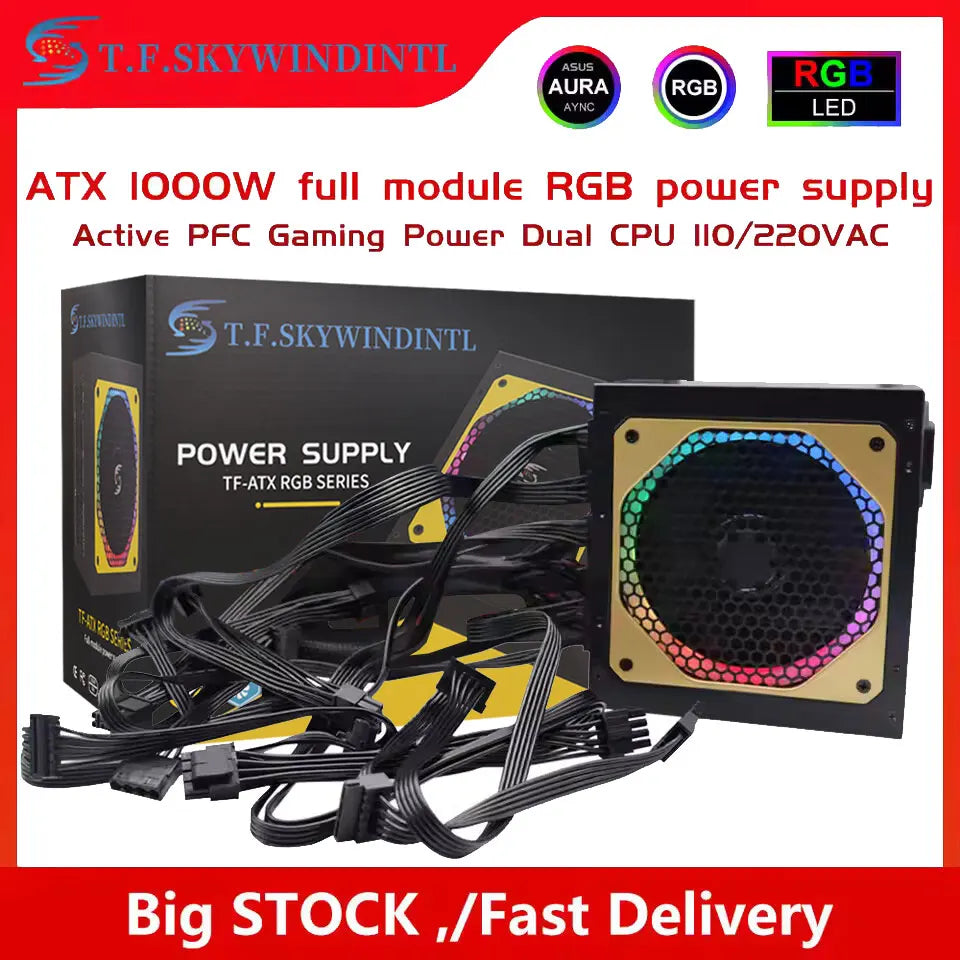 1000W RGB Dual CPU PC PSU PC Power Supply For Computer Gaming PFC Silent Fan ATX Support 3070/3080/3090 GPU Card Full Modular