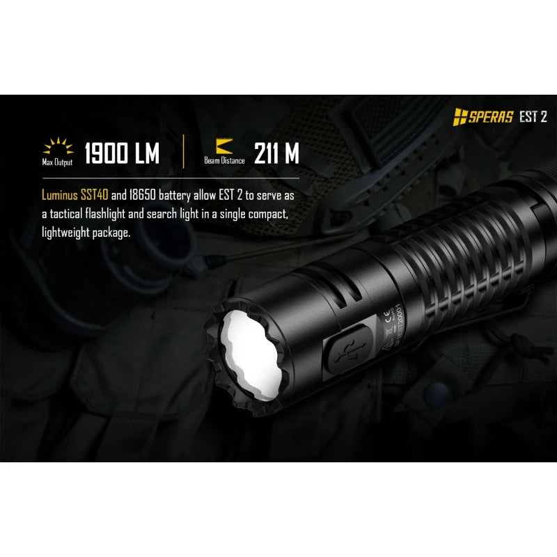 SPERAS EST2 SST-40 LED 1900Lm Type-C Rechargeable Flashlight Protable Powerful 18650 Torch EDC Flash Light IPX68 for Camping