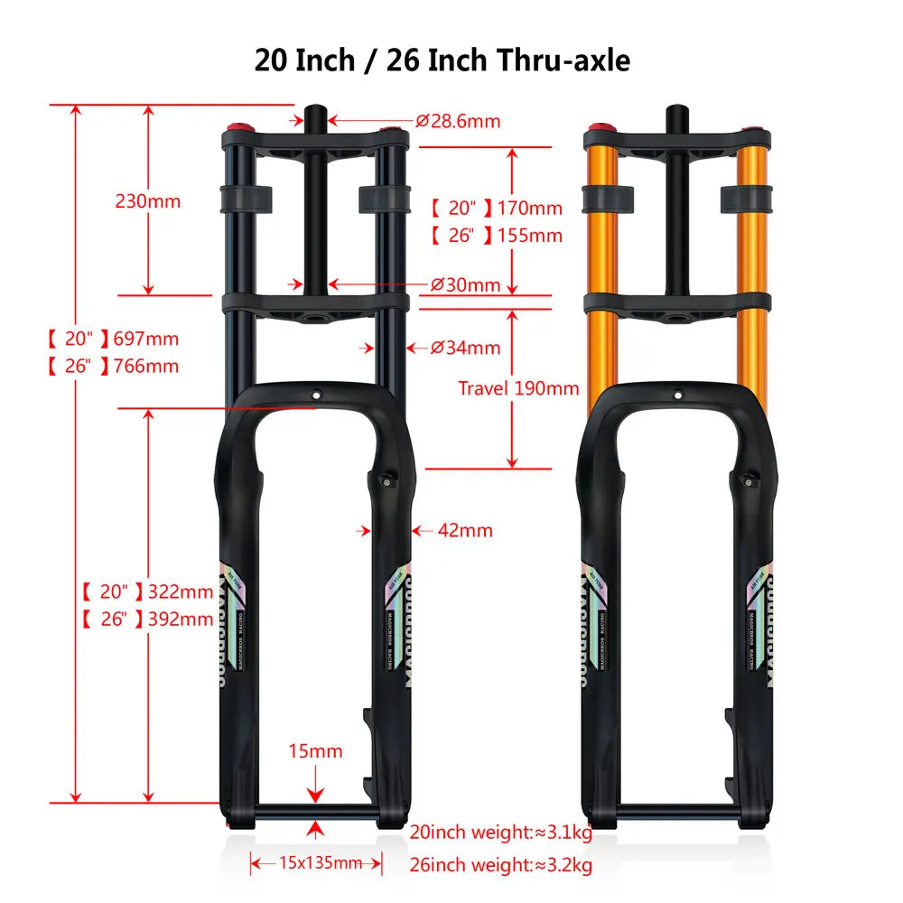 20x4.0 26*4.0 Dual Crown Motor Fork QR 9*135mm 15*135mm Beach Snow Bike Electric Fat Tire Bike Motorcycle Double Crown Air Fork
