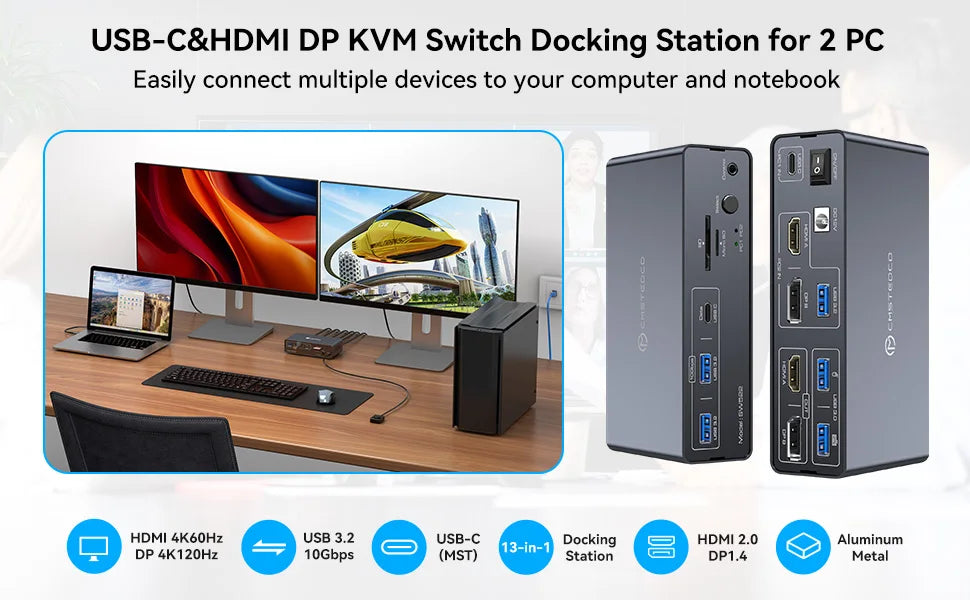 HDMI Displayport USB C Docking Station Dual Monitor for Laptop & Desktop (13-in-1) MST DP1.4 4K@120Hz+HDMI2.0 4K@60Hz,10Gbp data