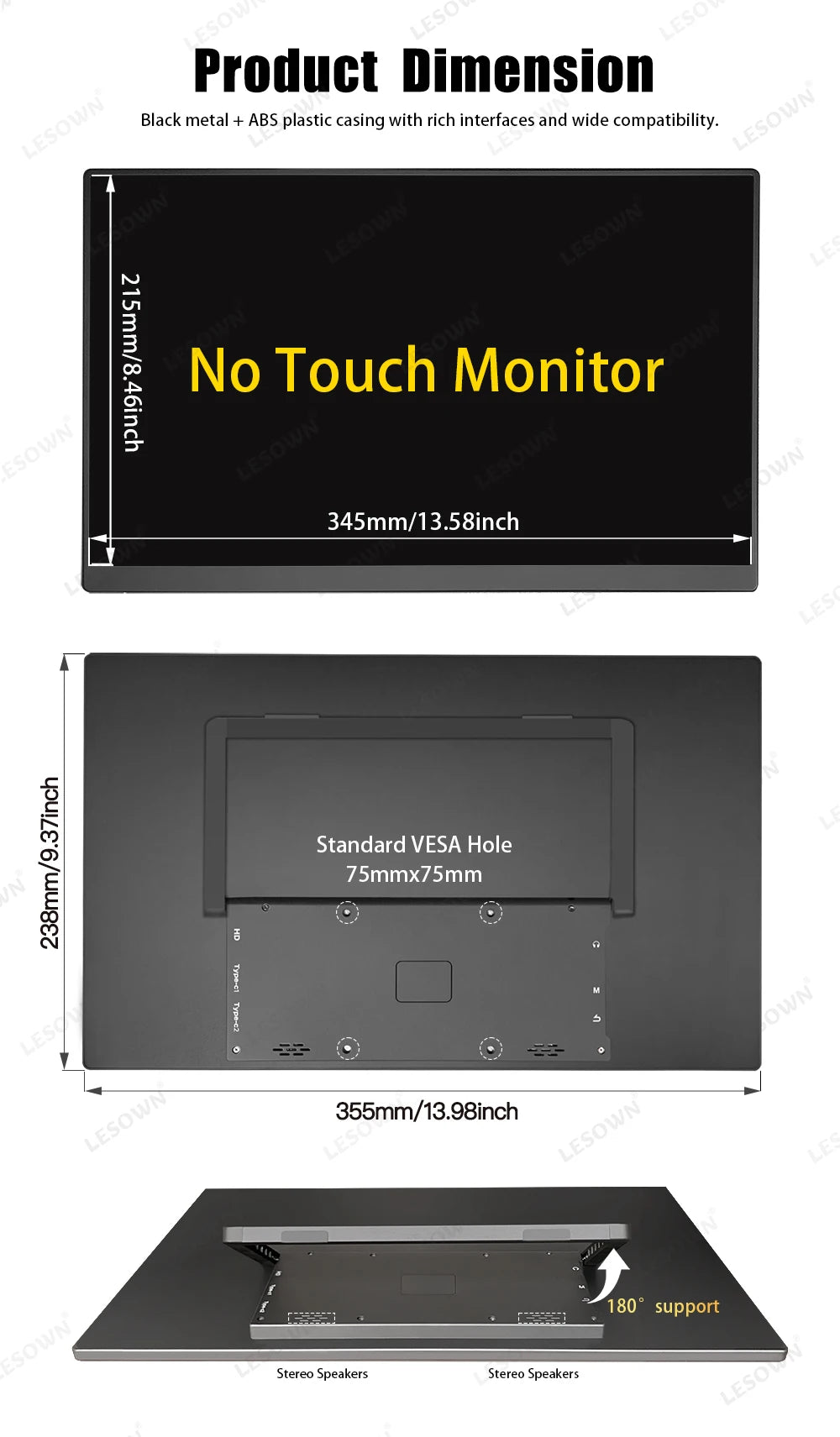 LESOWN 120Hz 2.5K Monitor 11.6 14 16 inch IPS 3840x2160 UHD VESA Gaming External Screen USB-C Display with Speaker Plastic Shell