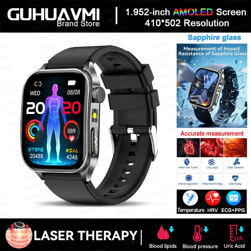 Smart Watch 650nm Dual probe laser health conditioning Blood oxygen Pressure Uric Acid Blood lipid ECG Smartwatch for Man Women