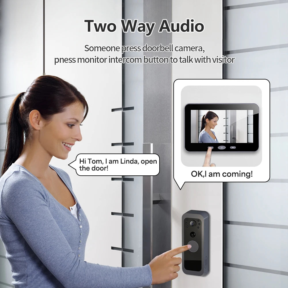 Tuya Smart Wireless Doorbell Camera Outdoor WiFi Audio Video Door Phone Intercom System 1080P 5'' Monitor Screen No Monthly Fees