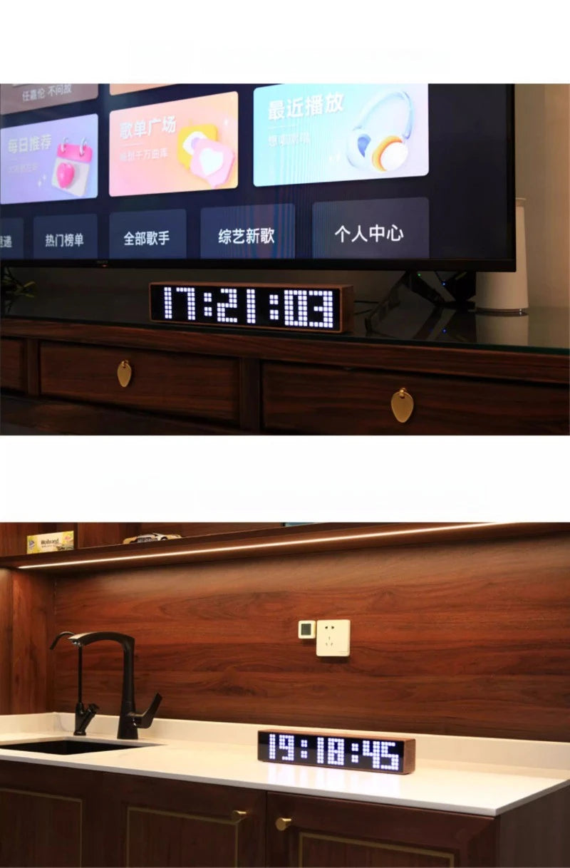 LED Desk Clocks Solid Wood Table Clocks Creative Digital Electronic Clock Modern WiFi Desktop Clock for Living Room Furniture