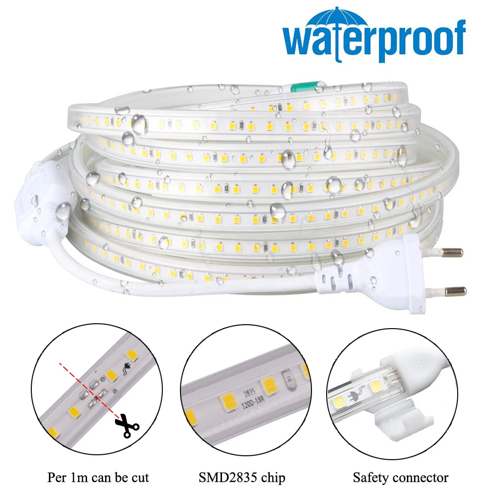 LED Strips Light 220V SMD2835 IP67 Waterproof Flexible Rope Lamp 120Leds/M High Brightness Outdoor Indoor Tape Decor EU Plug
