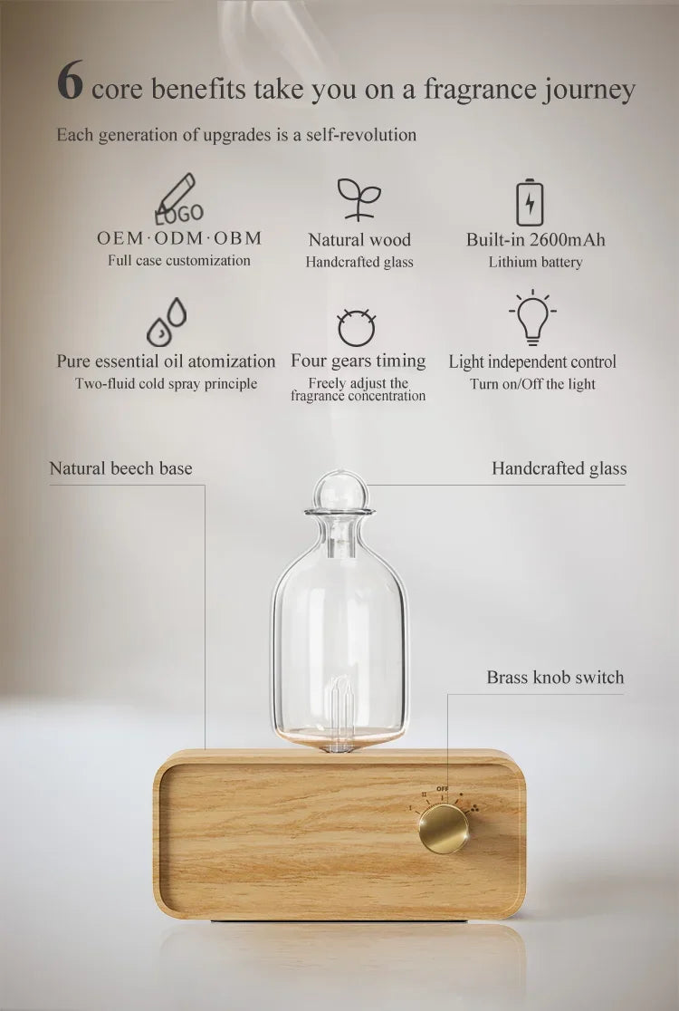 Rechargeable Essential Oil Diffuser Waterless Nebulizing Diffuser Electric Smell for Home Office Wood and Glass Aroma Diffuser