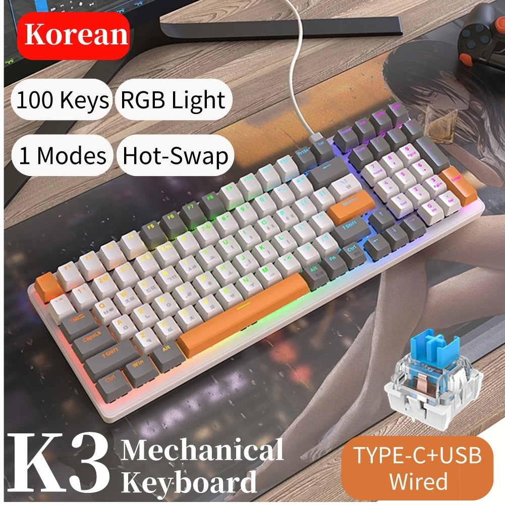 Korean K96 Mechanical Gaming Keyboard Wireless Wired Keyboard Bluetooth-compatible Gamer Keypad 100 Keys K6 Personalized Keycap
