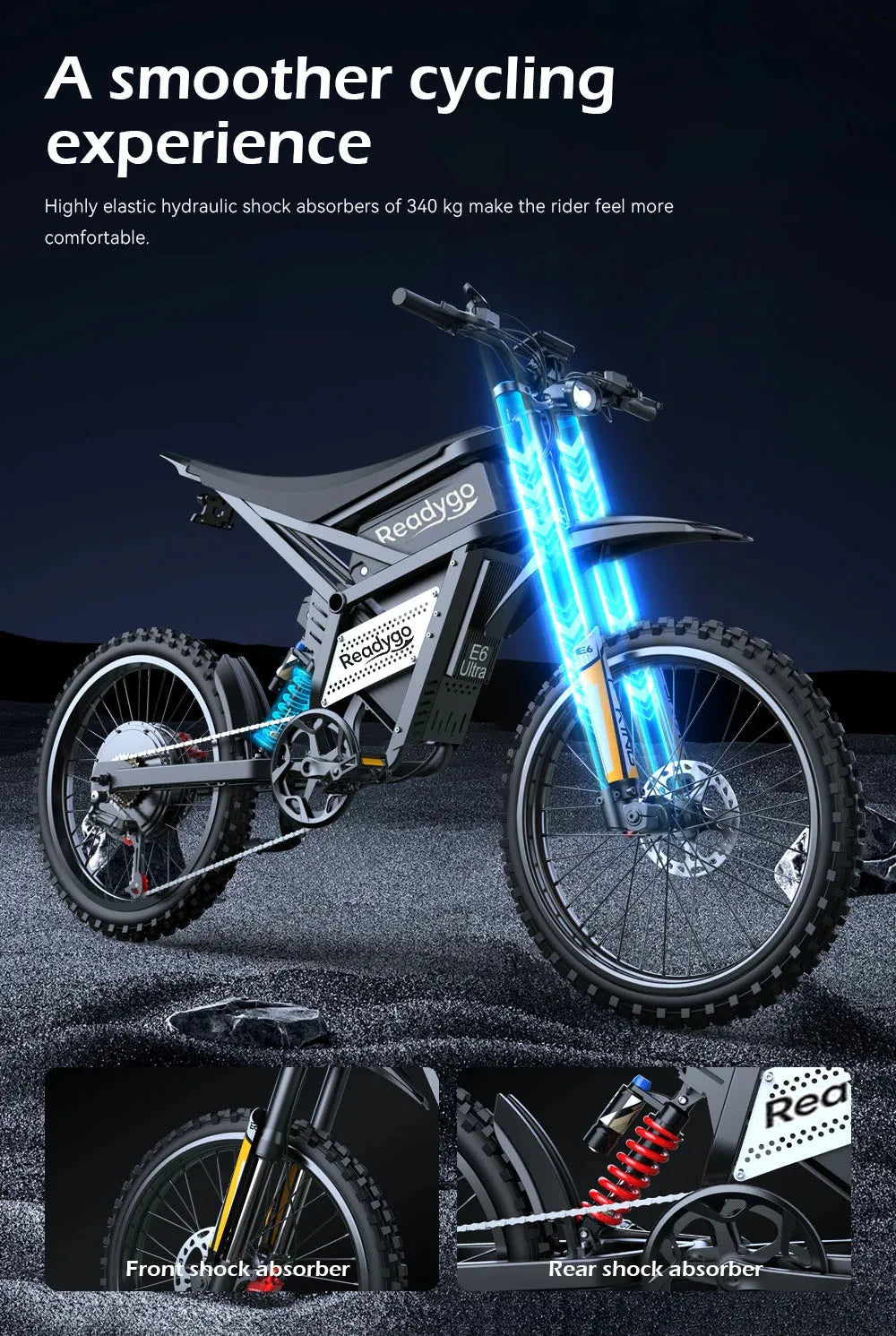 Readygo E6 Ultra Adult Off-Road Ebike 3000W Brushless Motor 60V 30AH Lithium Battery Electric Bicycle 85Km/h