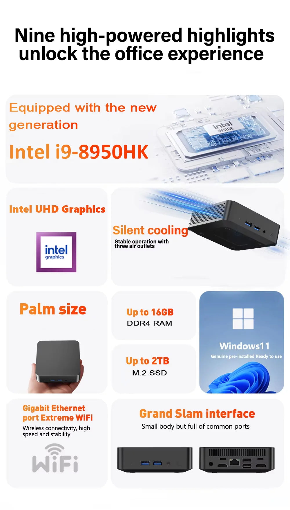 Brand New Intel Core i9-8950HK 16GB RAM 1/2TB SSD FHD Bluetooth 5.2 WiFi6 1000M Ethernet Windows 11 Gaming Office Mini PC