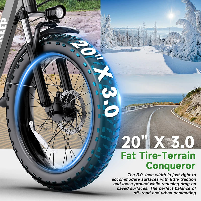 Electric Bike 48V60Ah 1500W 20 Inch Fat Tire Ebike for Adults Mountain Off-Road Dual Batteries Electric Bicycle free of duty