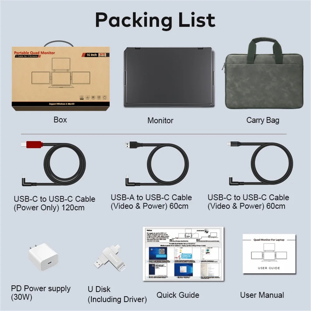 Triple Screen LCD Monitor for Laptop Portable FHD Display Secondary Notebook Monitor with Single Cable Sub Screen 14 inch