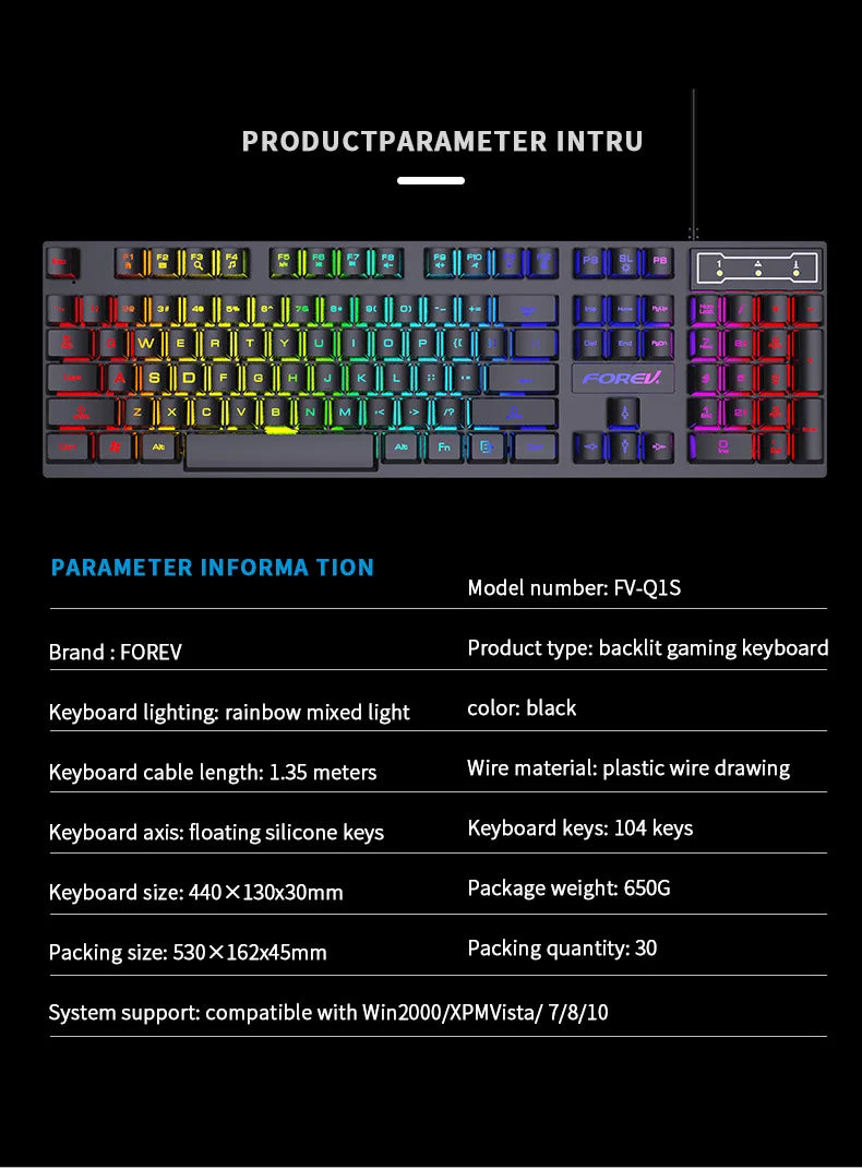 104 Keys Mechanical feel Keyboard Wired Gaming Keyboard for Laptop Desktop Ergonomics RGB Backlit LED Keycaps PC Accessories
