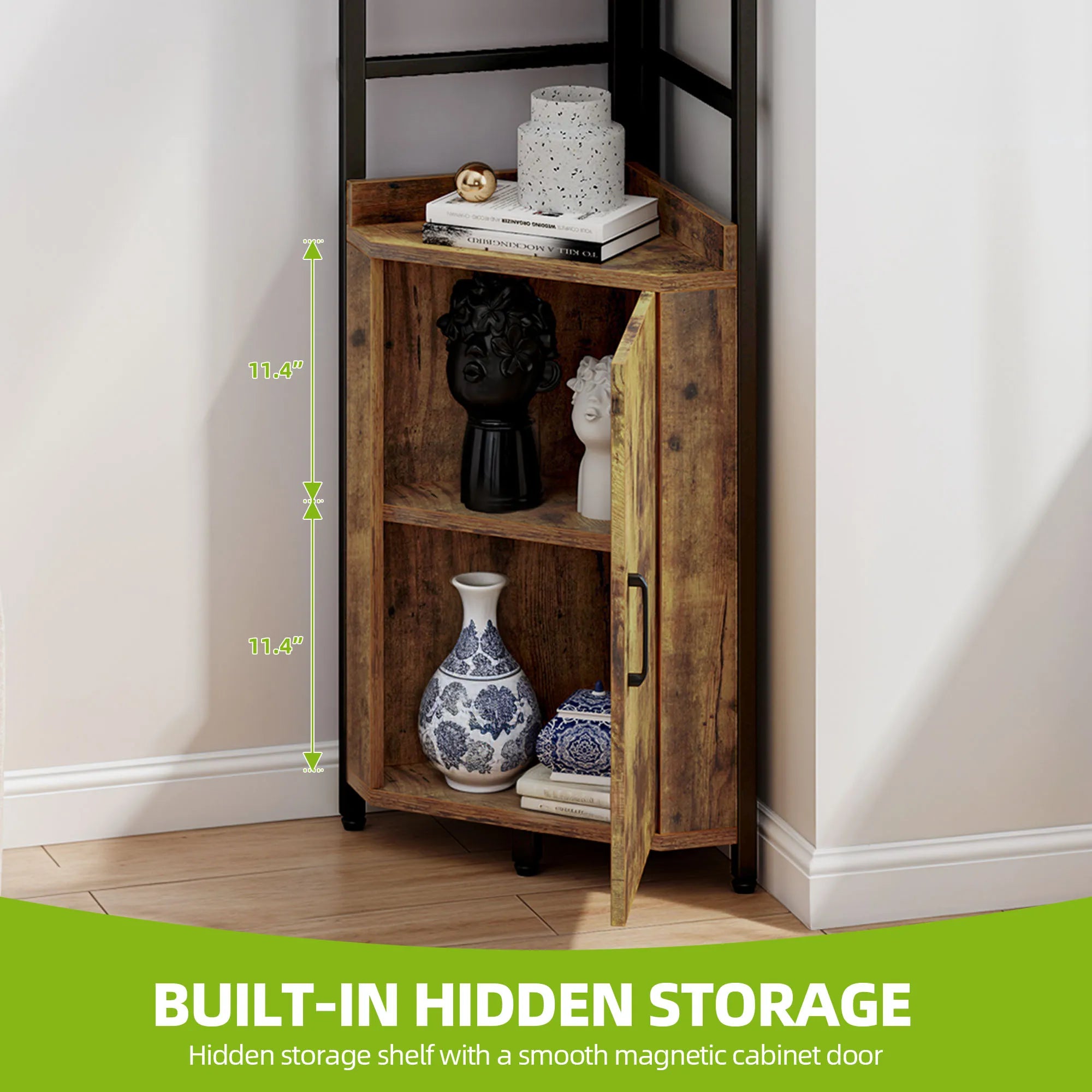 YITAHOME Rustic Brown 4-Tier Corner Bookshelf - Industrial Wood & Metal Storage Cabinet for Living Room/Office/Hallway