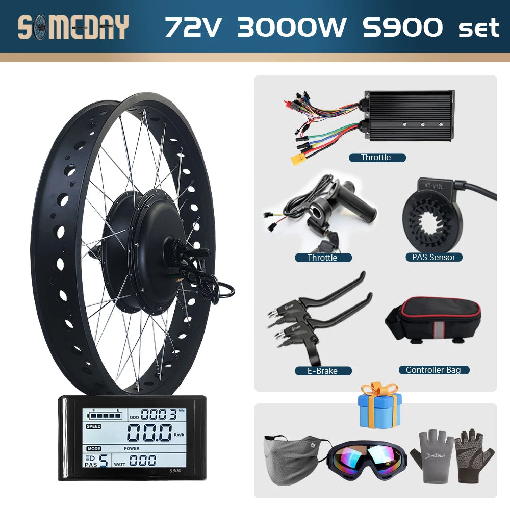 Ebike Fat Tire Conversion Kit 72V 3000W Rear Rotate Hub Motor Wheel 20/24/26 inch Dropout 170mm for Snow Electric Bicycle