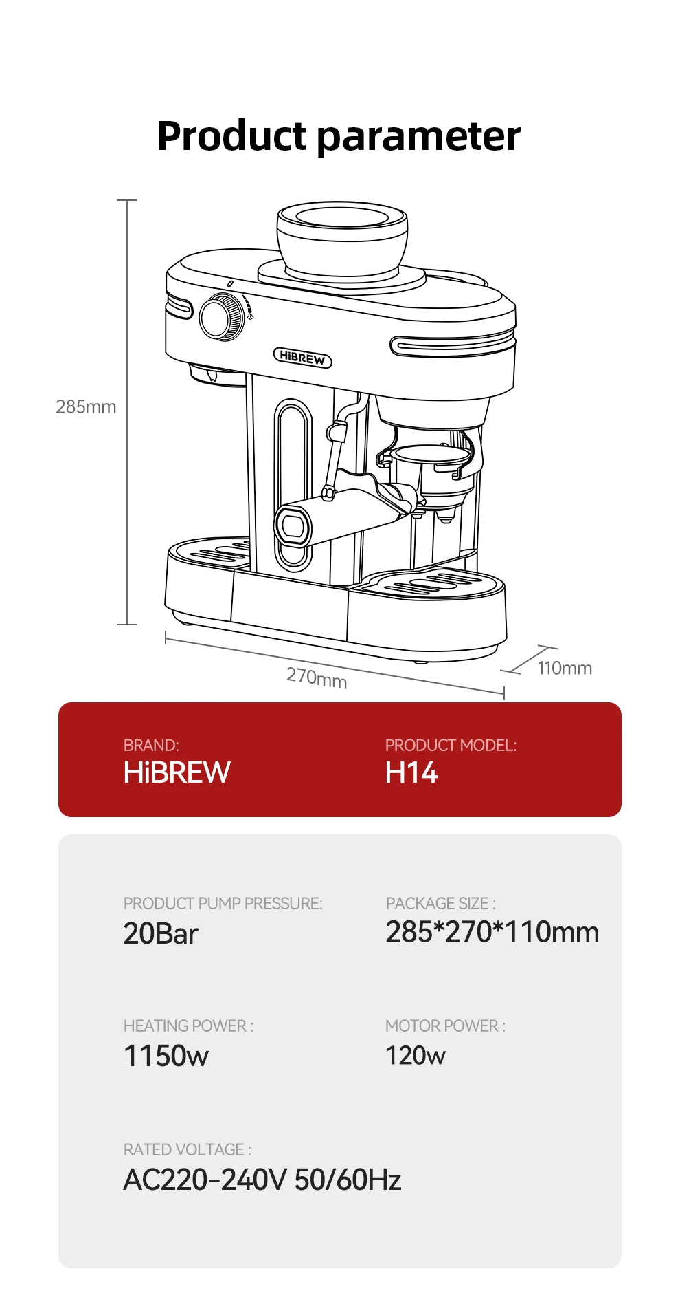 HiBREW 20 Bar Semi Automatic Espresso Coffee Maker With Grinder Bean For Cappuccino and Latte Milk Frothing System Machine H14