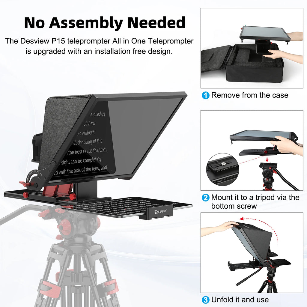 Desview P15 Teleprompter 15 inch Aluminum Alloy Teleprompter, High Display Glass for iPad Tablet Phone DSLR Camera No Assembly